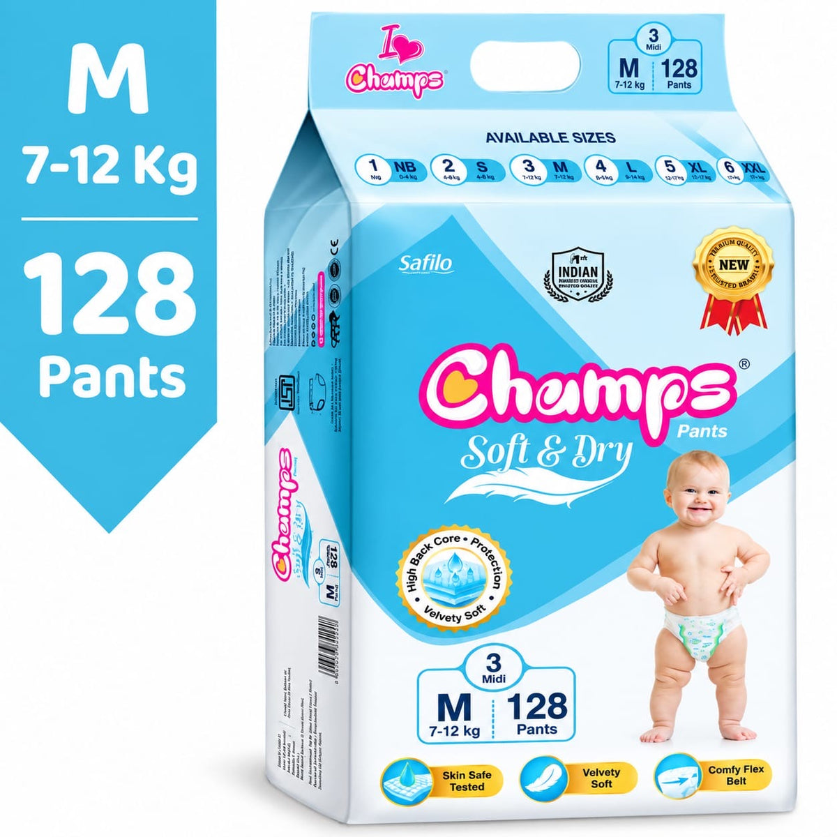 Medium 128 Premium Pants( Rs 6 per Pieces) Champs Soft & Dry Pants Baby Diaper.No Rashes - No Leakage