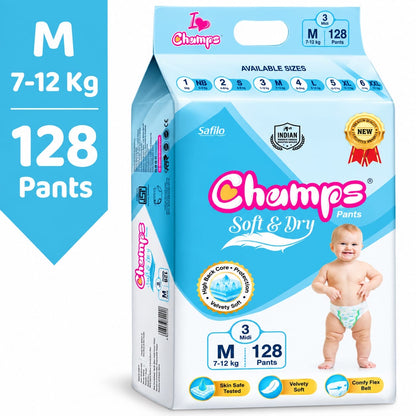 Medium 128 Premium Pants( Rs 6 per Pieces) Champs Soft & Dry Pants Baby Diaper.No Rashes - No Leakage