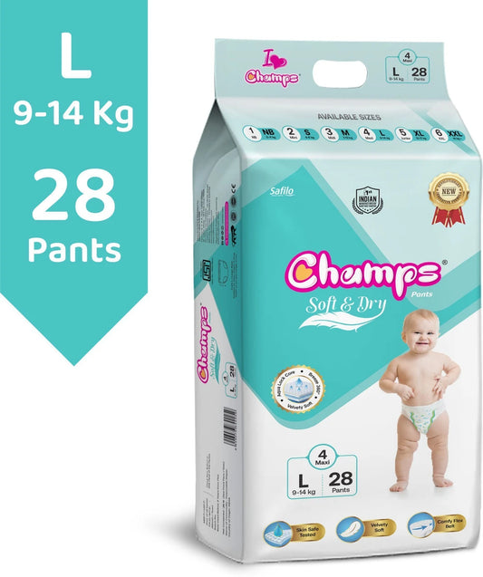 Champs Soft & Dry Pant Style Baby Diapers | Long-lasting Leakage Protection | Pack of 1 - M (32 Pieces)