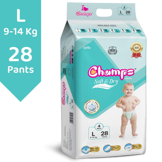 Champs Soft & Dry Pant Style Baby Diapers | Long-lasting Leakage Protection | Pack of 1 - L (28 Pieces)