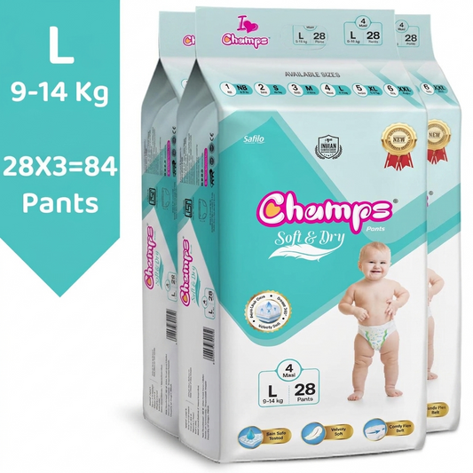 Champs Soft & Dry Pant Style Baby Diapers | Long-lasting Leakage Protection | Pack of 1 - L (84 Pieces)