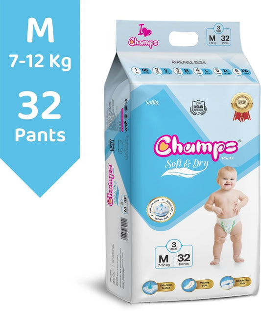 Champs Soft & Dry Pant Style Baby Diapers | Long-lasting Leakage Protection | Pack of 1 - M (32 Pieces)
