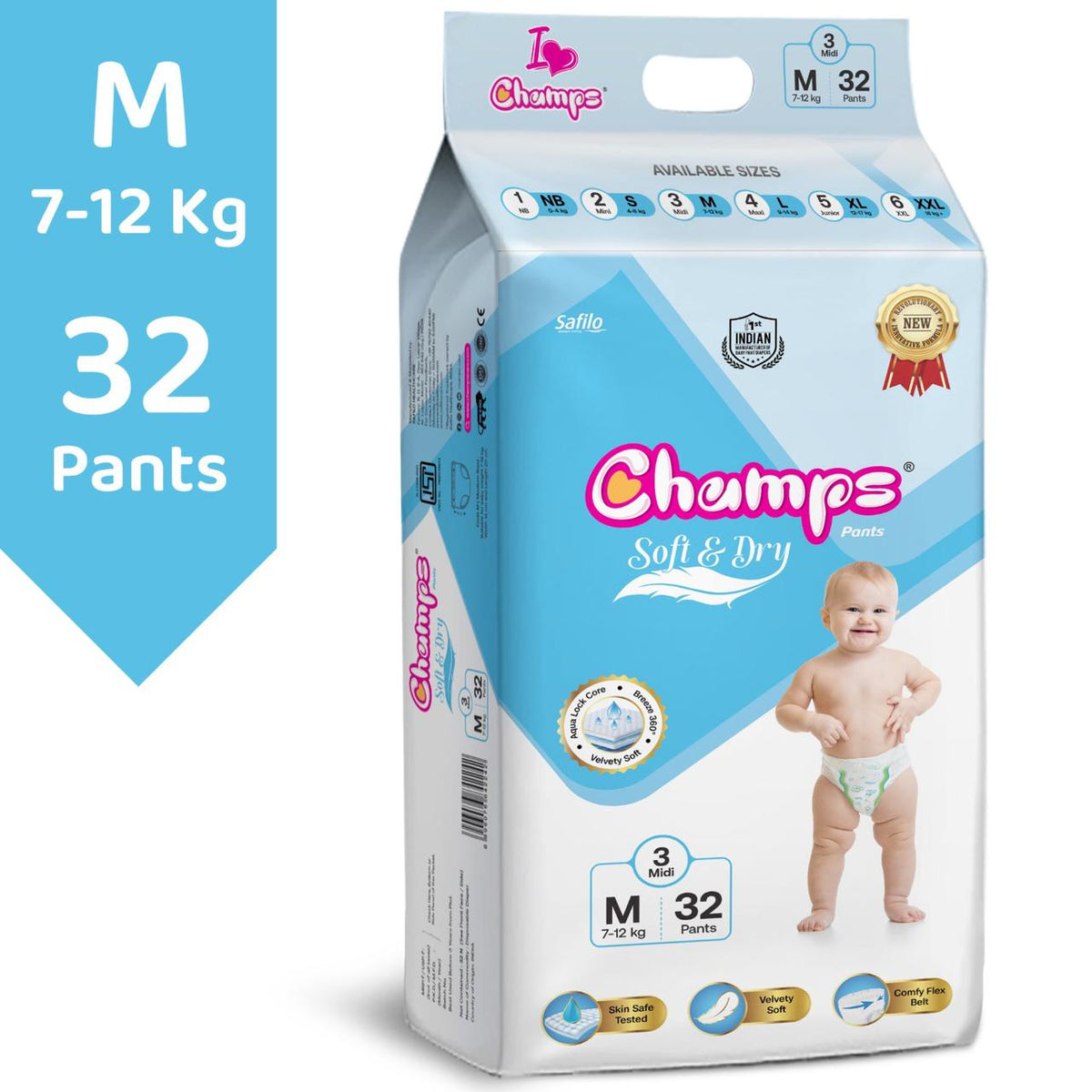 Champs Soft & Dry Pant Style Baby Diapers | Long-lasting Leakage Protection | Pack of 1 - M (32 Pieces)