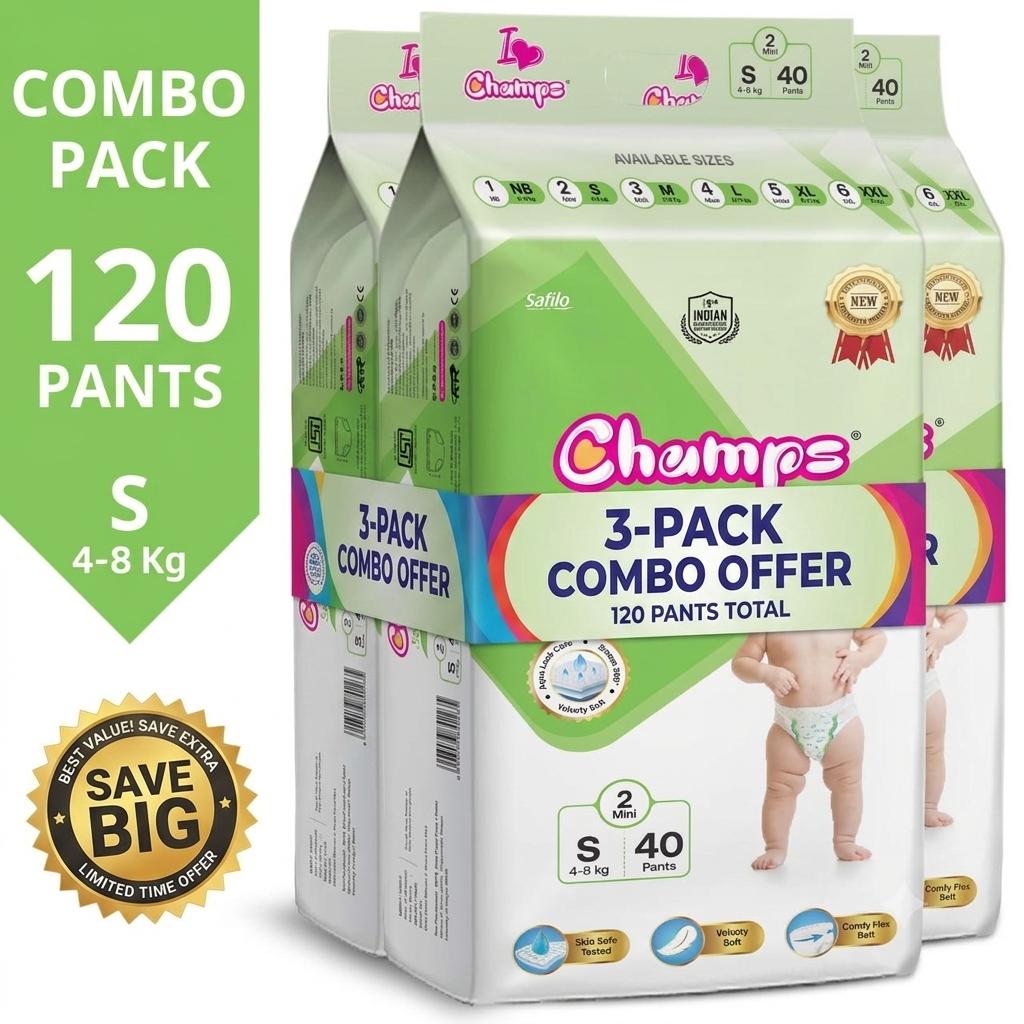 Champs Soft & Dry Pant Style Baby Diapers | Long-lasting Leakage Protection | Pack of 1 - S (120 Pieces)