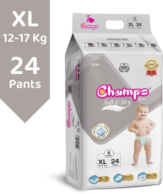 Champs Soft & Dry Pant Style Baby Diapers | Long-lasting Leakage Protection | Pack of 1 - XL (24 Pieces)