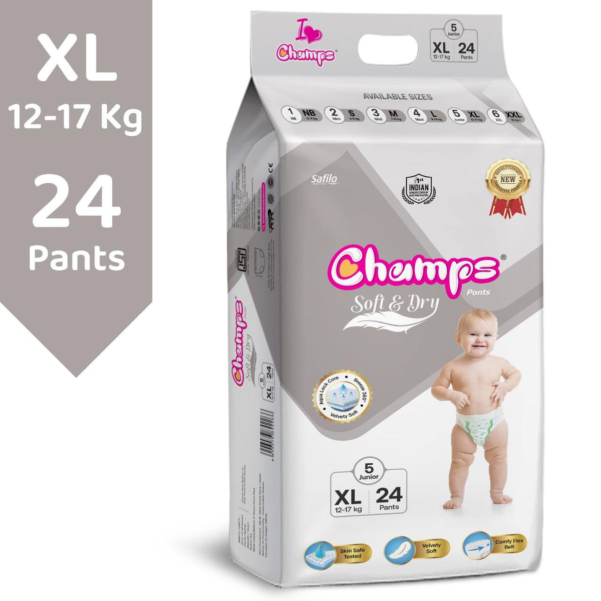 Champs Soft & Dry Pant Style Baby Diapers | Long-lasting Leakage Protection | Pack of 1 - XL (24 Pieces)