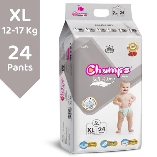 Champs Soft & Dry Pant Style Baby Diapers | Long-lasting Leakage Protection | Pack of 1 - XL (24 Pieces)