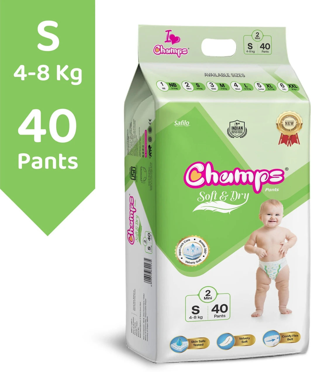 Champs Soft & Dry Pant Style Baby Diapers | Long-lasting Leakage Protection | Pack of 1 - S (40 Pieces)