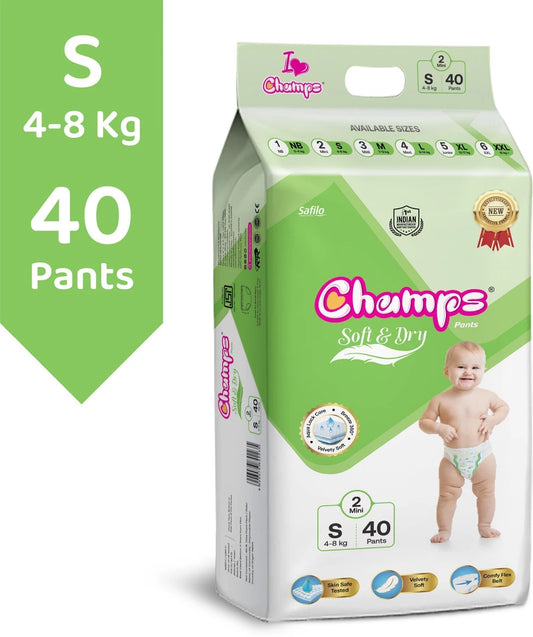Champs Soft & Dry Pant Style Baby Diapers | Long-lasting Leakage Protection | Pack of 1 - S (40 Pieces)